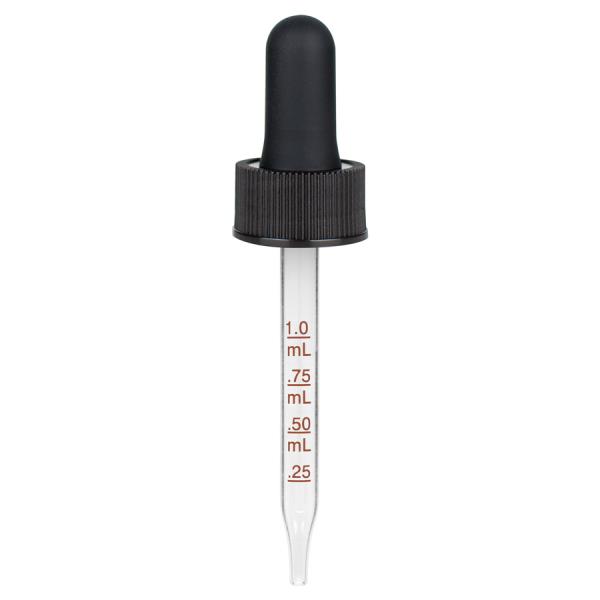 1 oz Black Medical Grade Graduated Glass Dropper with Long Bulb (20-400) (Ribbed)